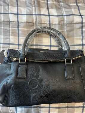 Desigual Black Embossed Floral Leather Satchel